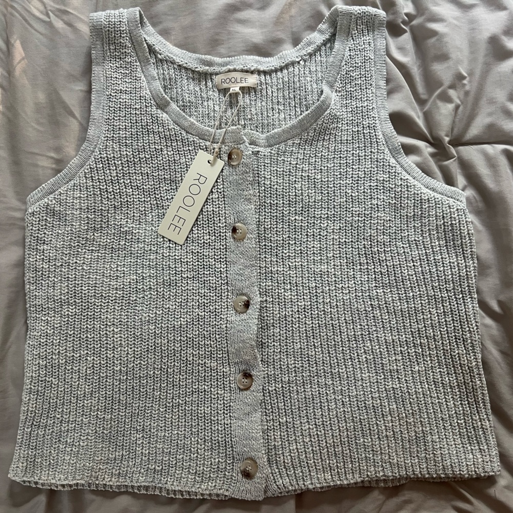 NWT Roolee Button Down Sweater Ribbed Knit Vest Light Gray & Beige XL - Picture 5 of 7